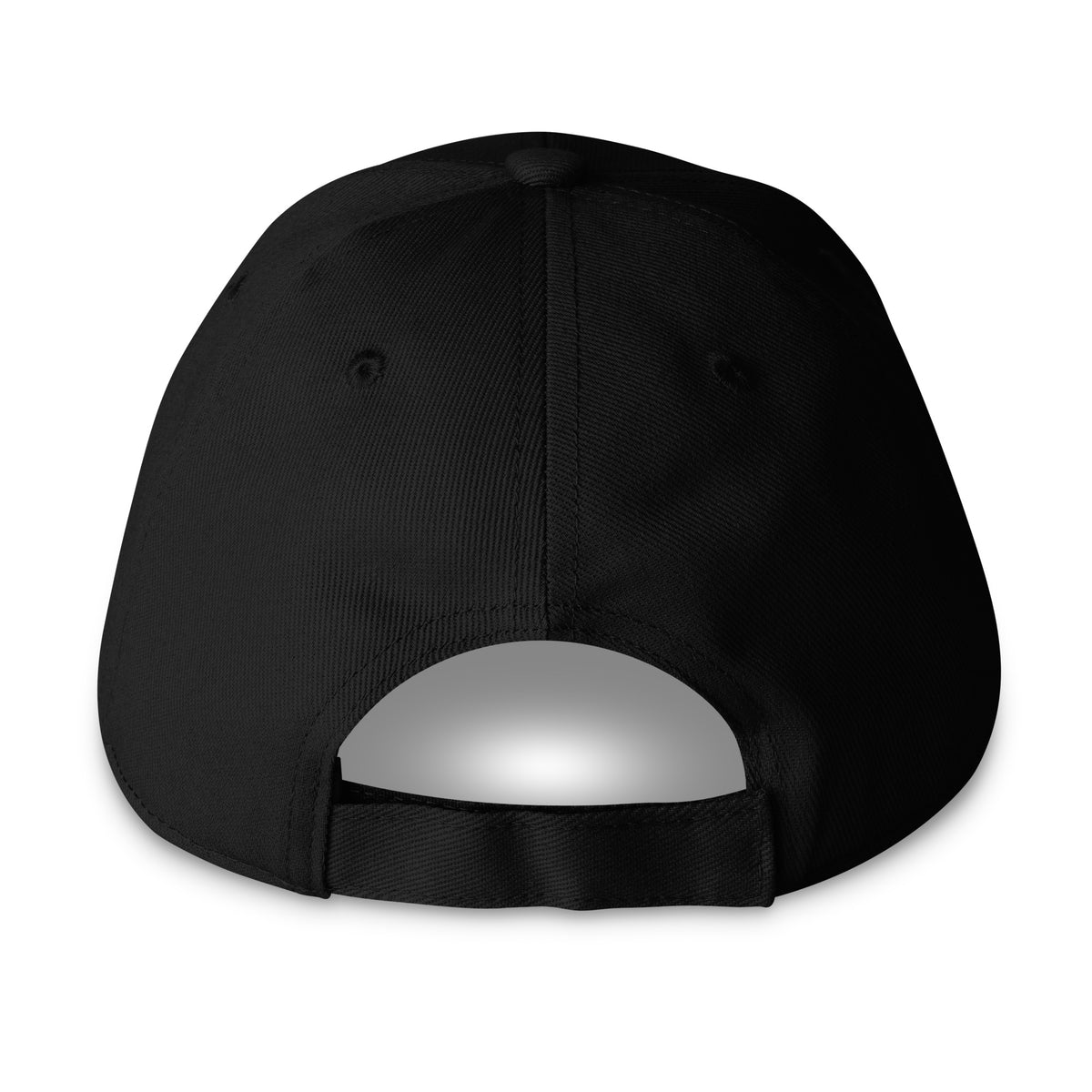 Back view of black Mike & Nick adjustable cap showing the rear opening and strap