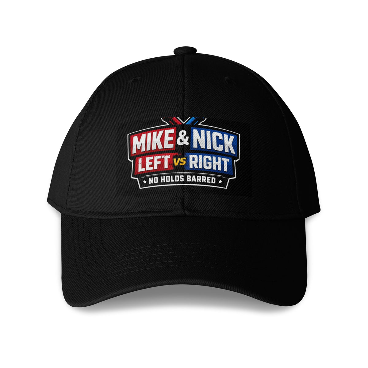 Front view of black Mike & Nick cap with red, blue and white Left vs Right artwork