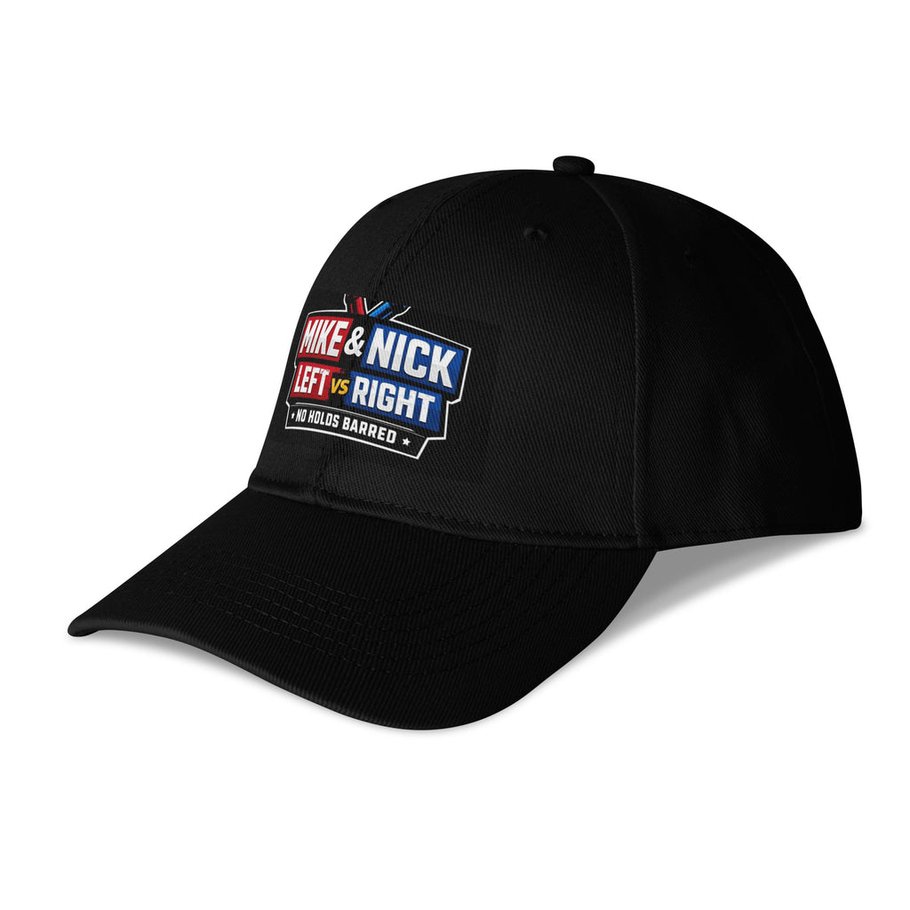 Angled front view of black Mike & Nick Left vs Right cap with curved visor