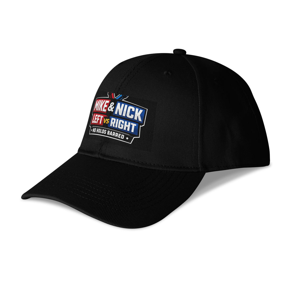 Angled front view of black Mike & Nick Left vs Right cap with curved visor