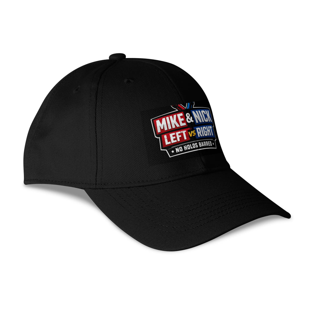 Opposite angled front view of black Mike & Nick Left vs Right cap