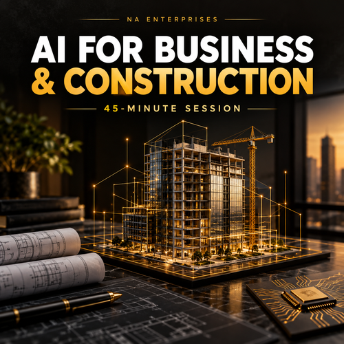 AI for Business & Construction 45-minute session cover with building model and gold digital network