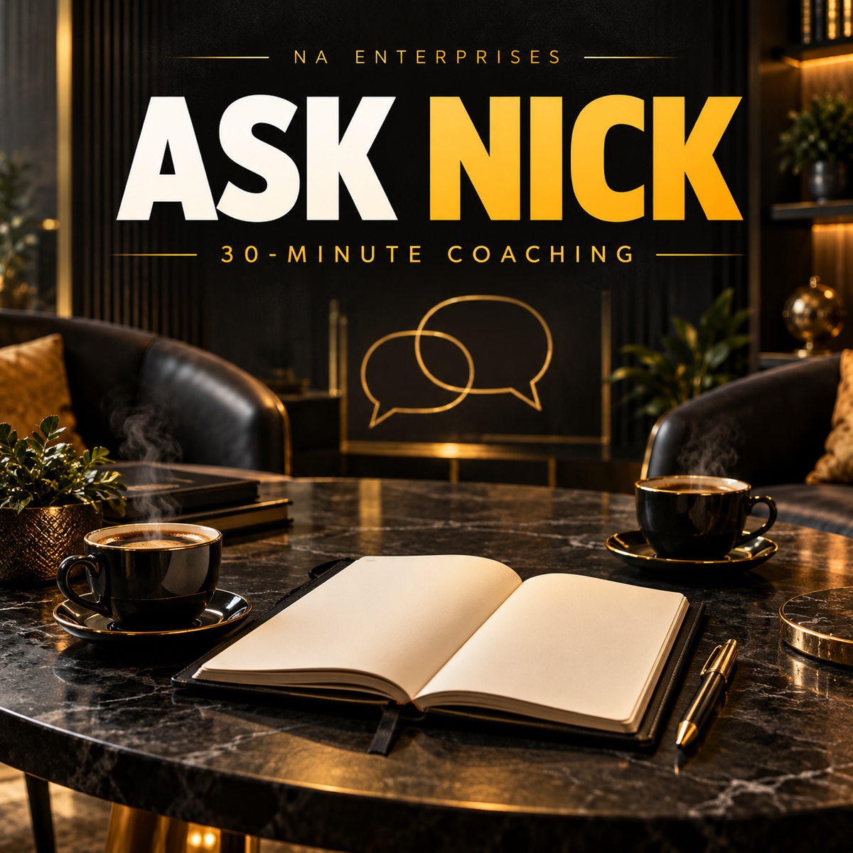 Ask Nick 30-minute coaching cover with notebook and conversation motif