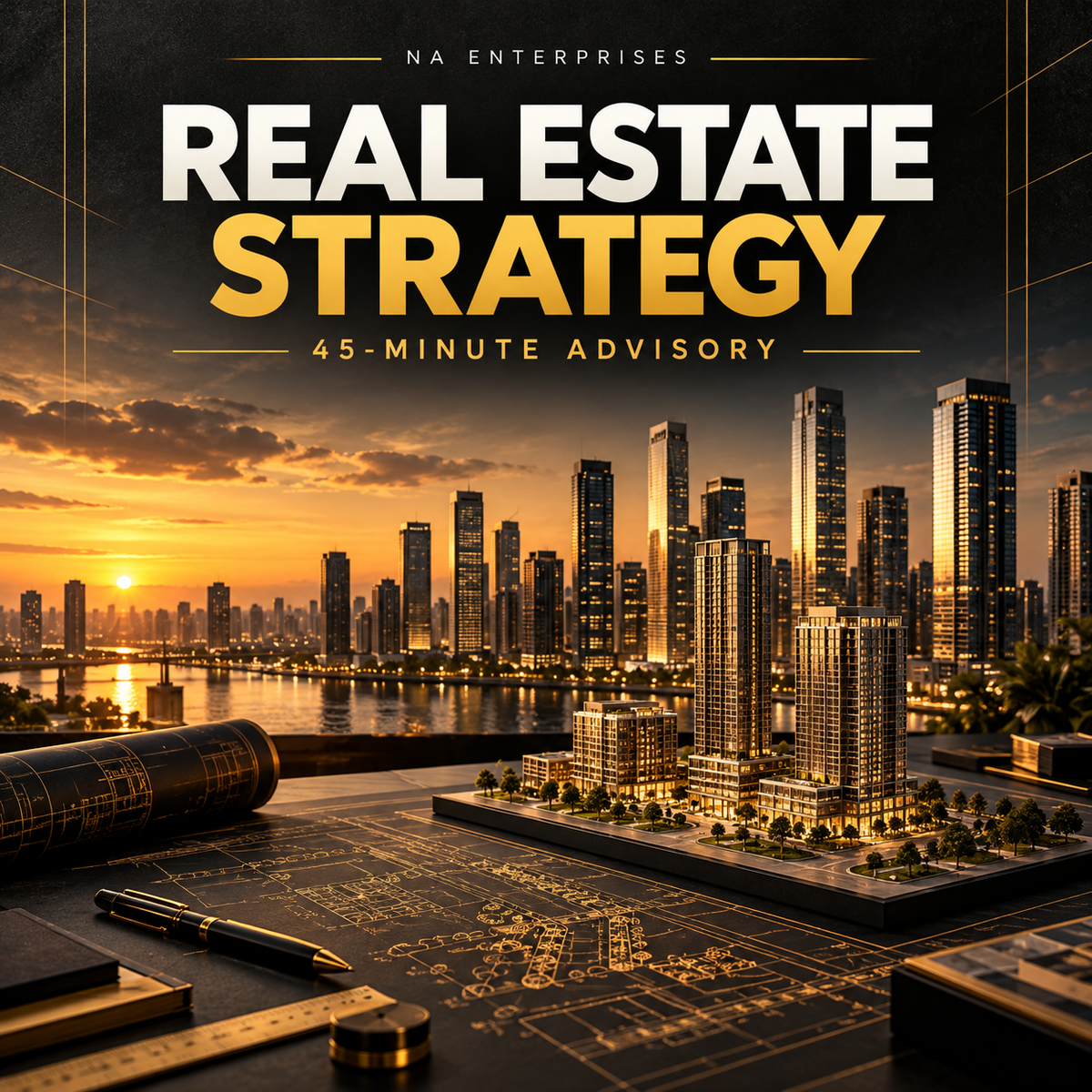 Real Estate Strategy 45-minute advisory cover with skyline and architectural model