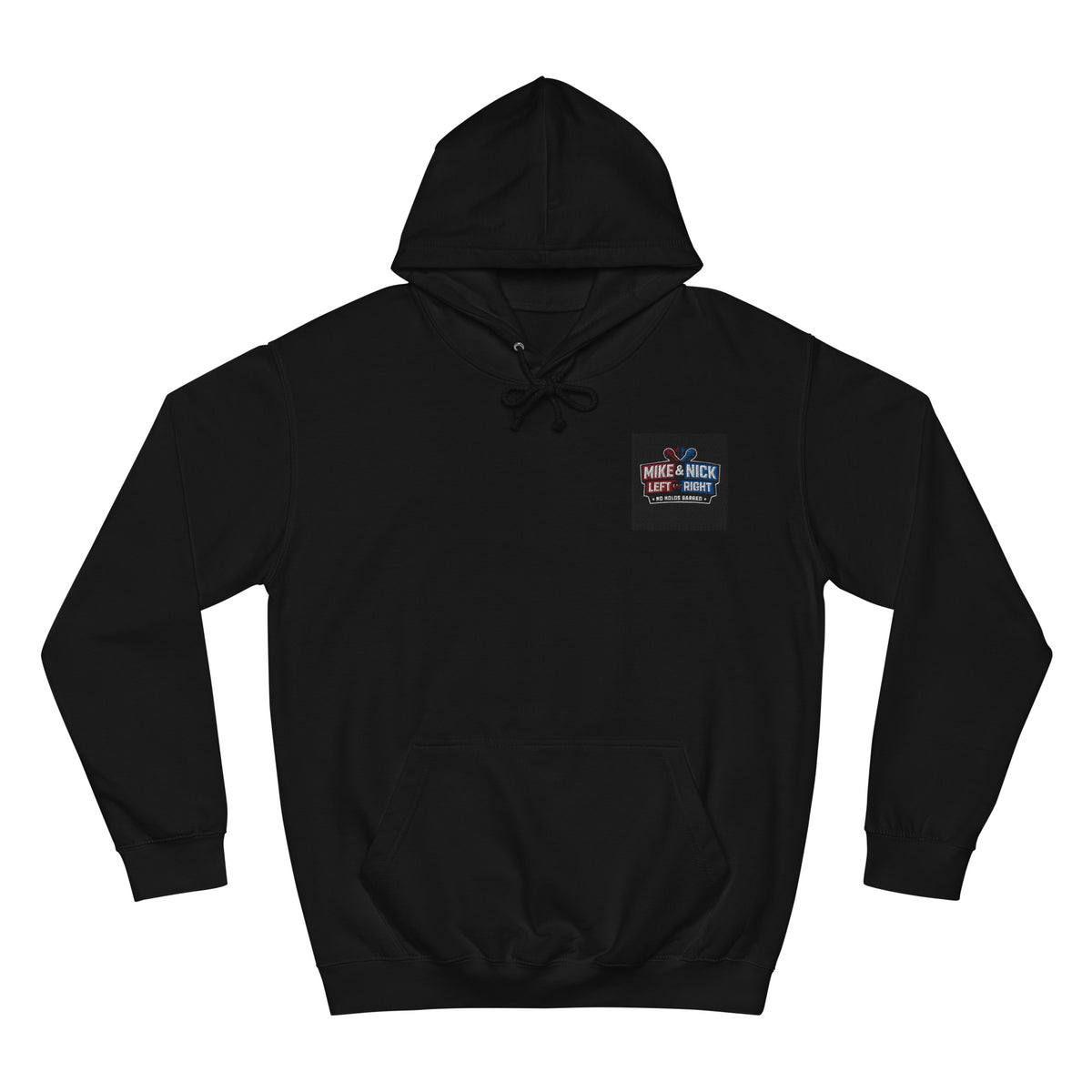 Front view of black Mike & Nick hoodie with Left vs Right logo on left chest and kangaroo pouch