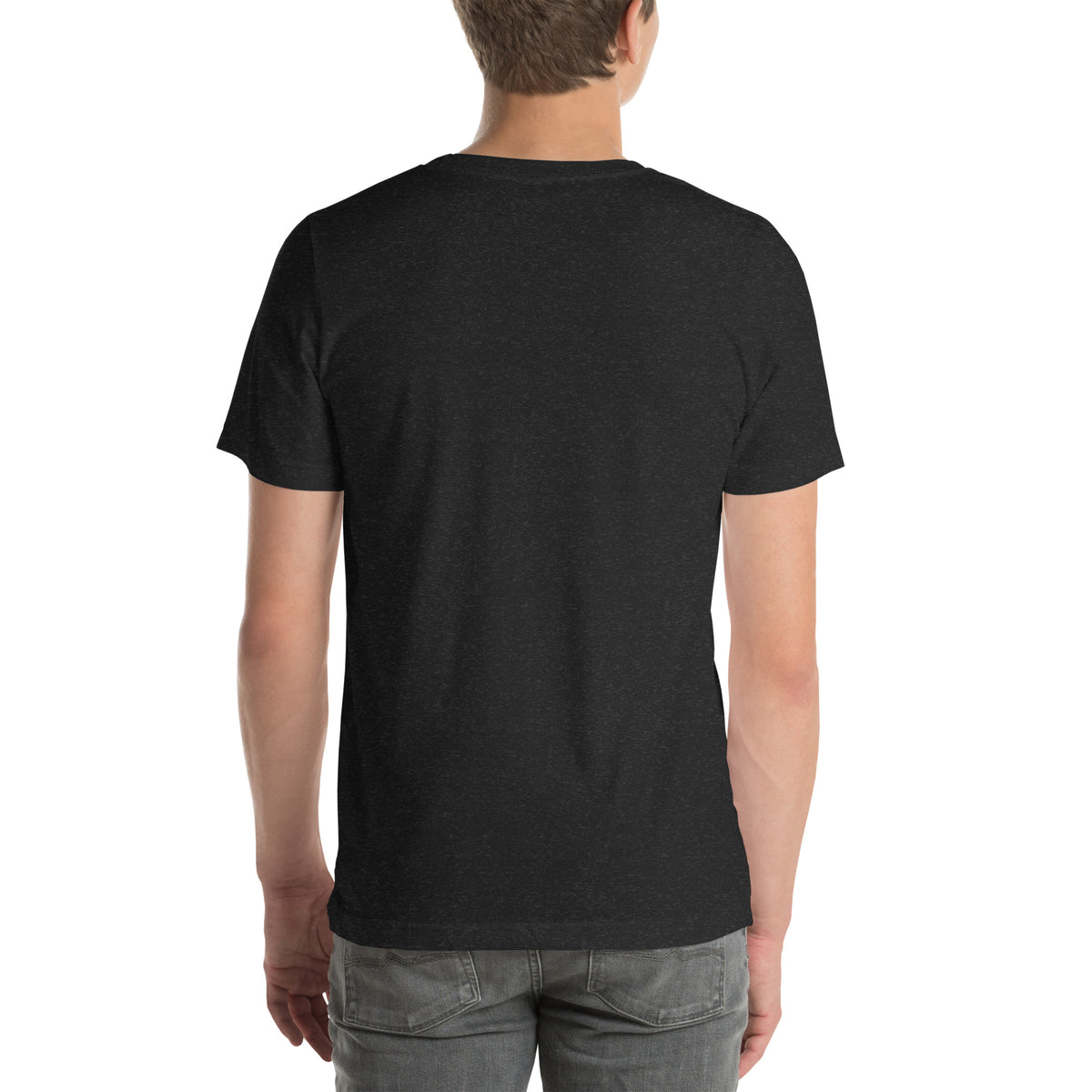 Rear view of model wearing Black Heather Mike & Nick T-shirt with plain back