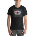 Model wearing Black Heather Mike & Nick T-shirt with red, blue and white Left vs Right artwork on the front