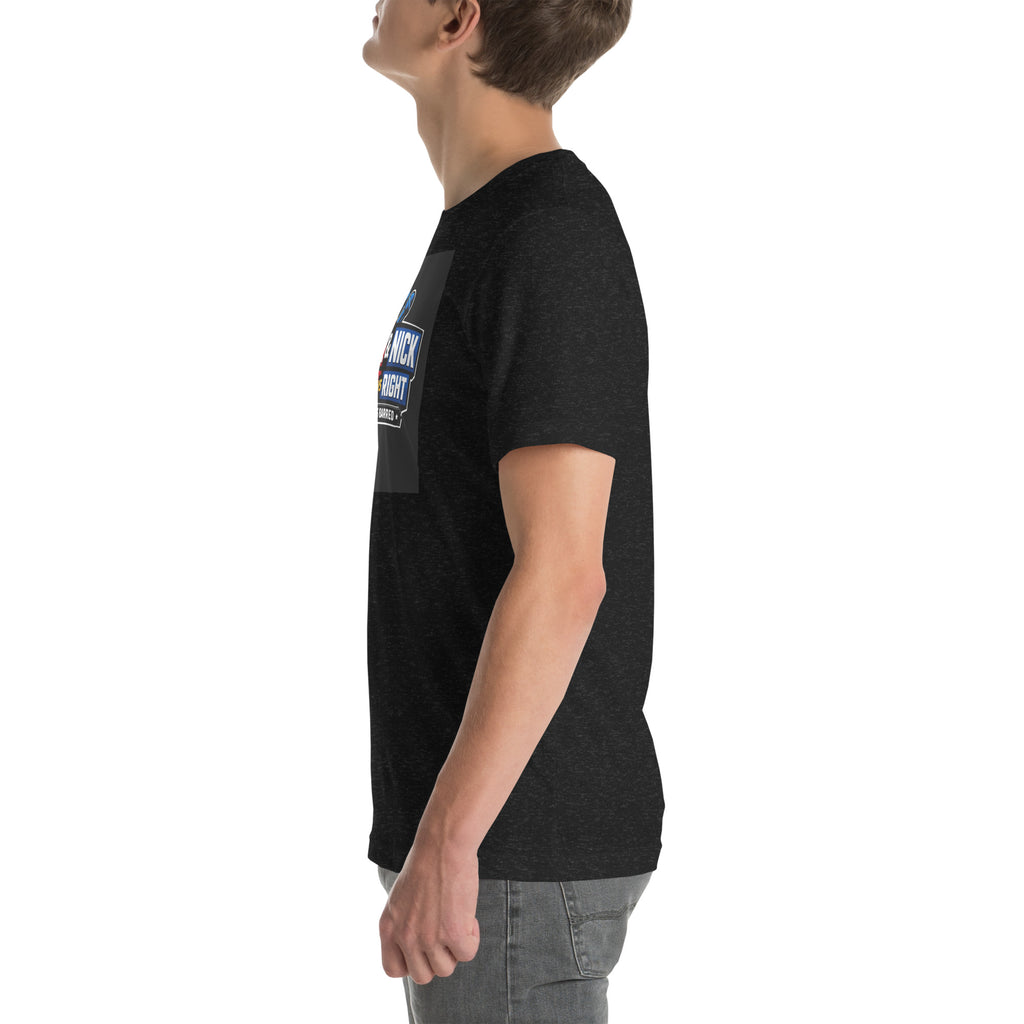 Side view of model wearing Black Heather Mike & Nick Left vs Right T-shirt