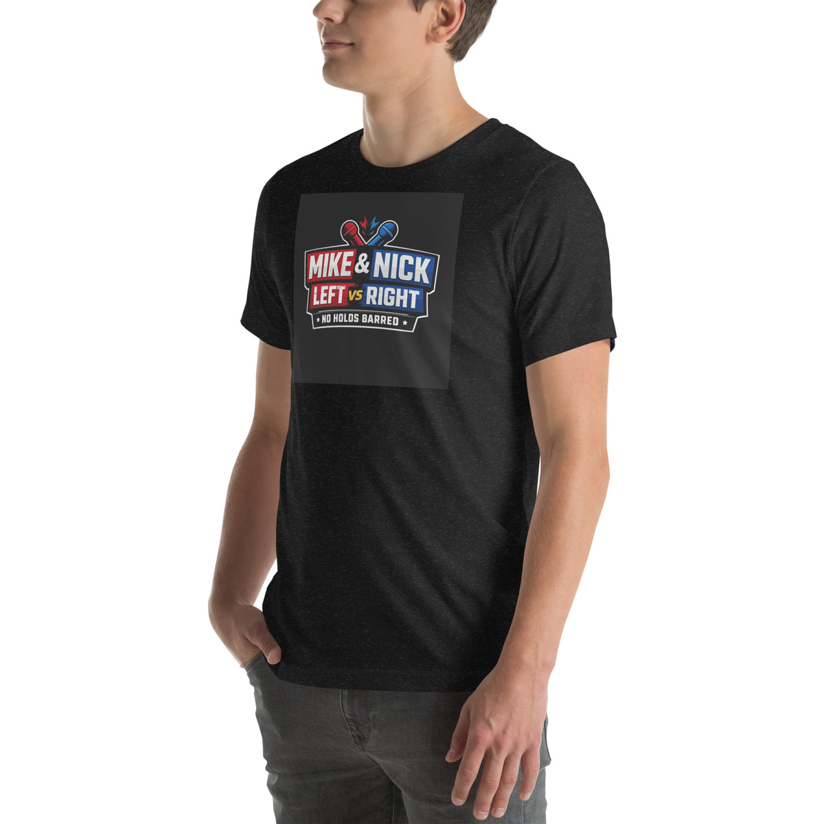 Angled front view of model wearing Black Heather Mike & Nick Left vs Right T-shirt