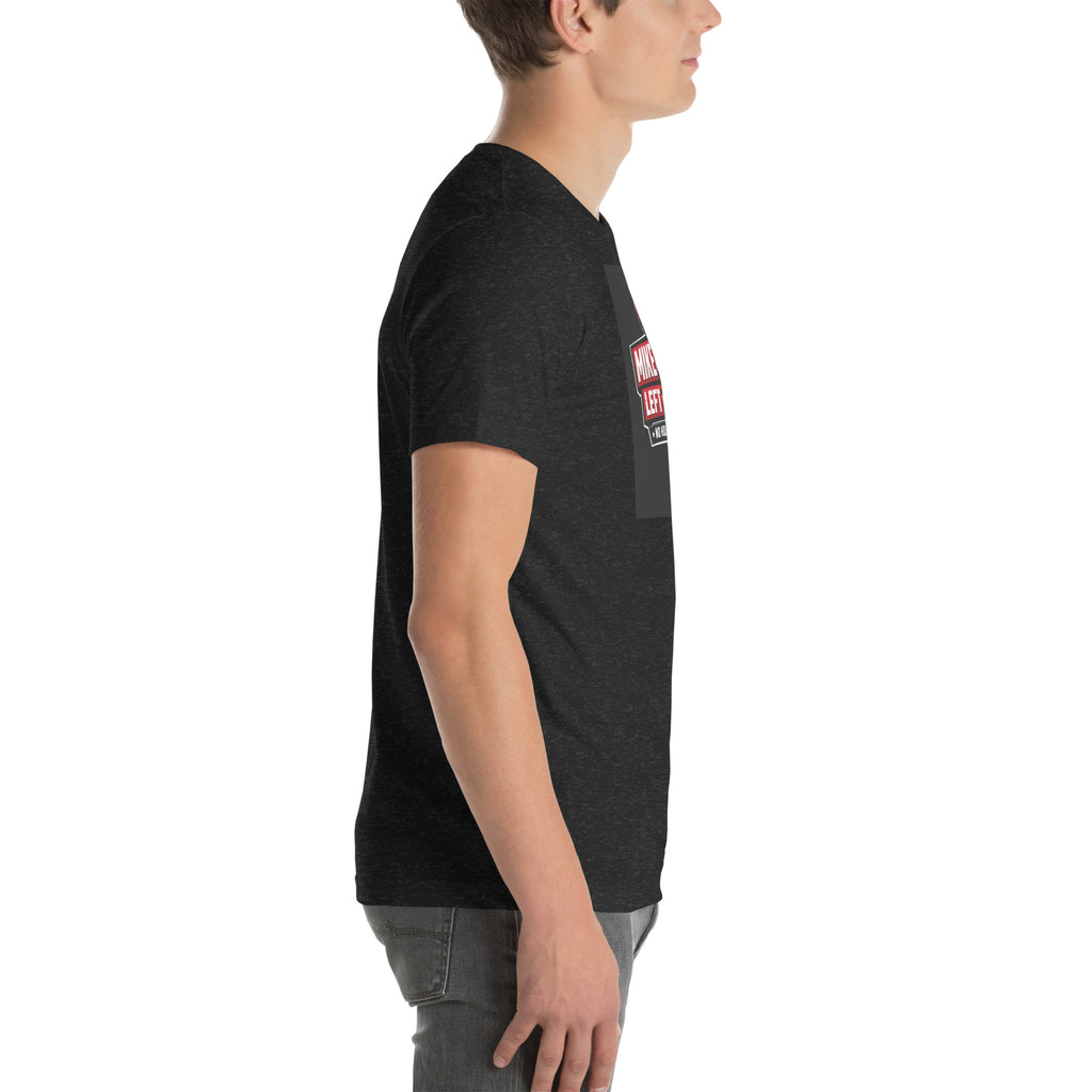 Opposite side view of model wearing Black Heather Mike & Nick T-shirt