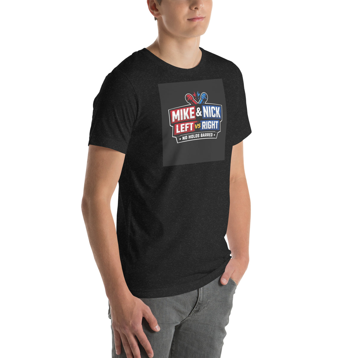 Opposite angled front view of Black Heather Mike & Nick T-shirt showing Left vs Right artwork